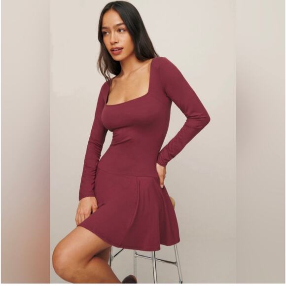 Reformation Coen Jersey Knit Long Sleeve Square Neck Mini Dress Chianti small - Picture 1 of 7